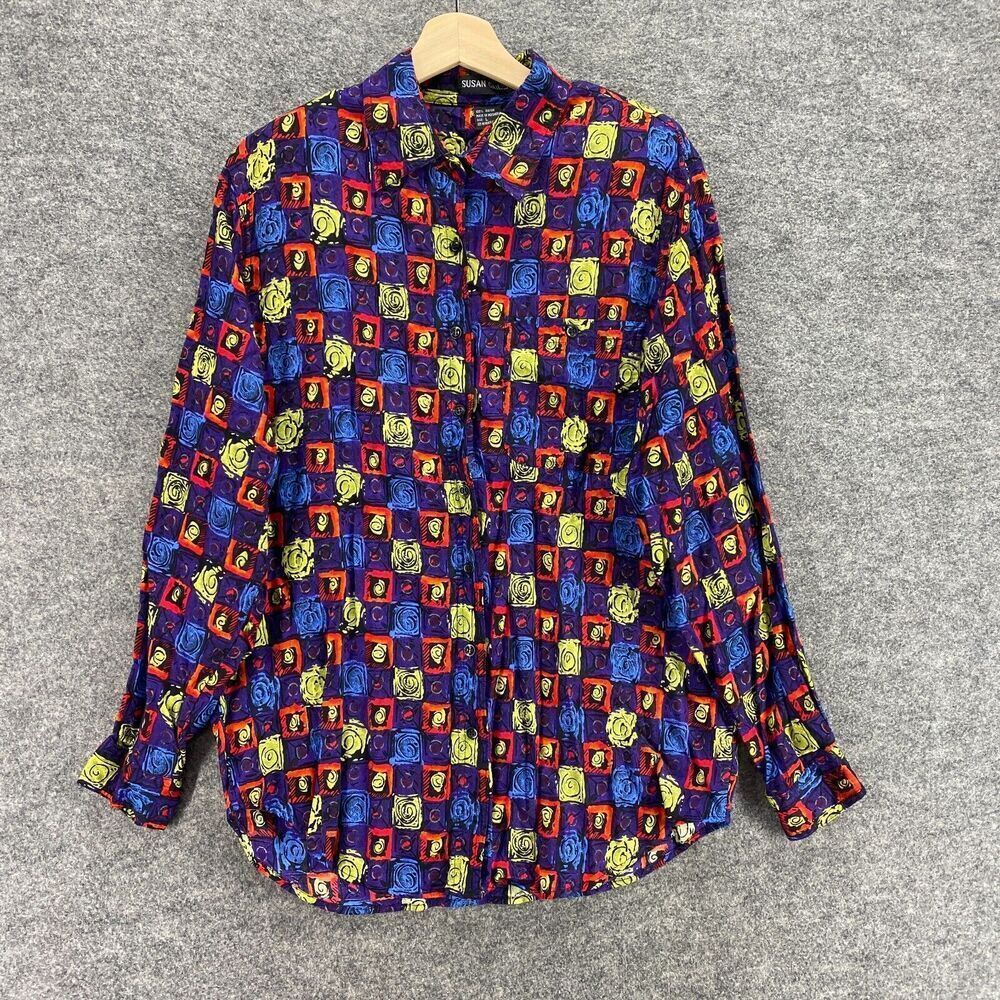 5/$45 Susan Gail Shirt Women L Large Blue Plaid Button Up  Rayon Long Sleeve